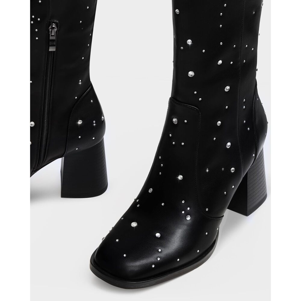 NEW MUCCCUTE BLACK RHINESTONE BOOTS FOR WOMEN SQUARE TOE KNEE HIGH BOOTS CHUNKY - Picture 4 of 5